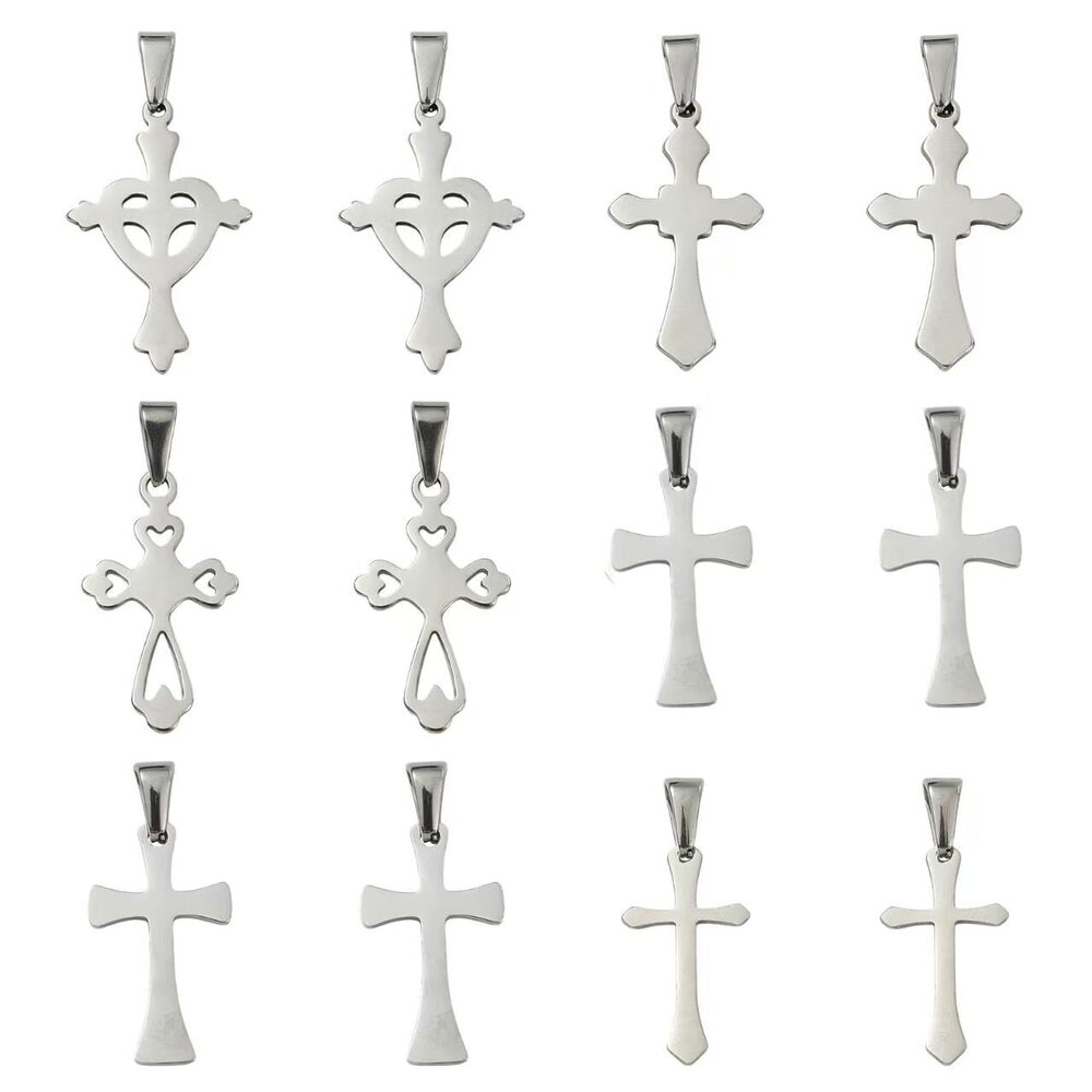 8331 18Pcs Stainless Steel Cross Pendants Silver Color Polished Hollow